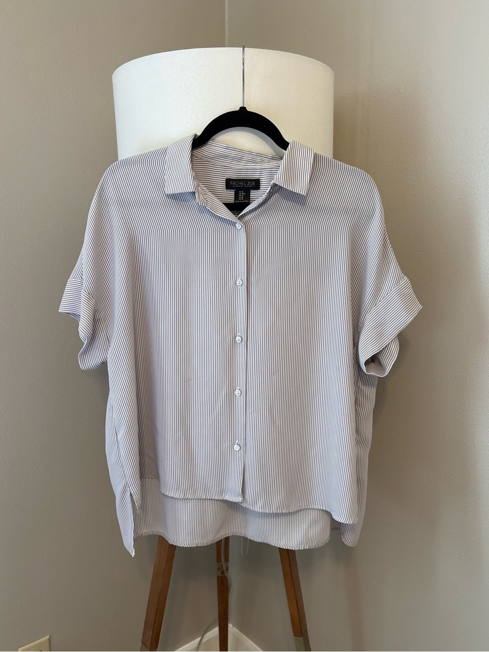 Rachel Zoe White and Light Gray Pinstripe Short-Sleeve Button Down Shirt